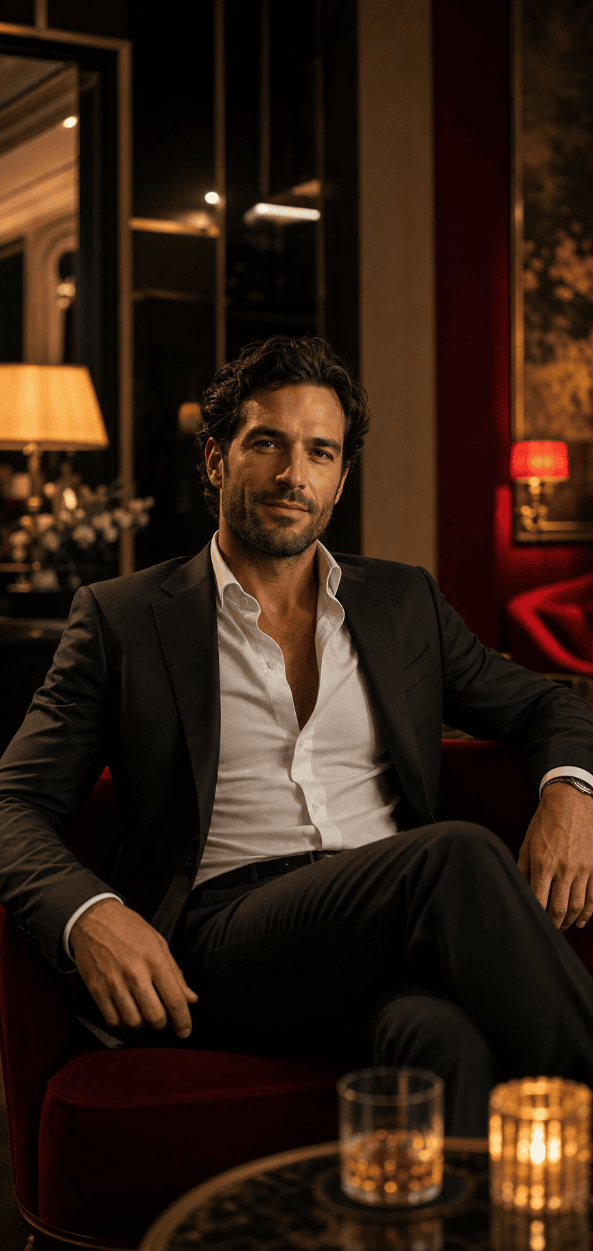 Eleganter männlicher Escort in einer stilvollen Hotel-Lounge für die Callboy-Buchungsseite von Capsai Escort