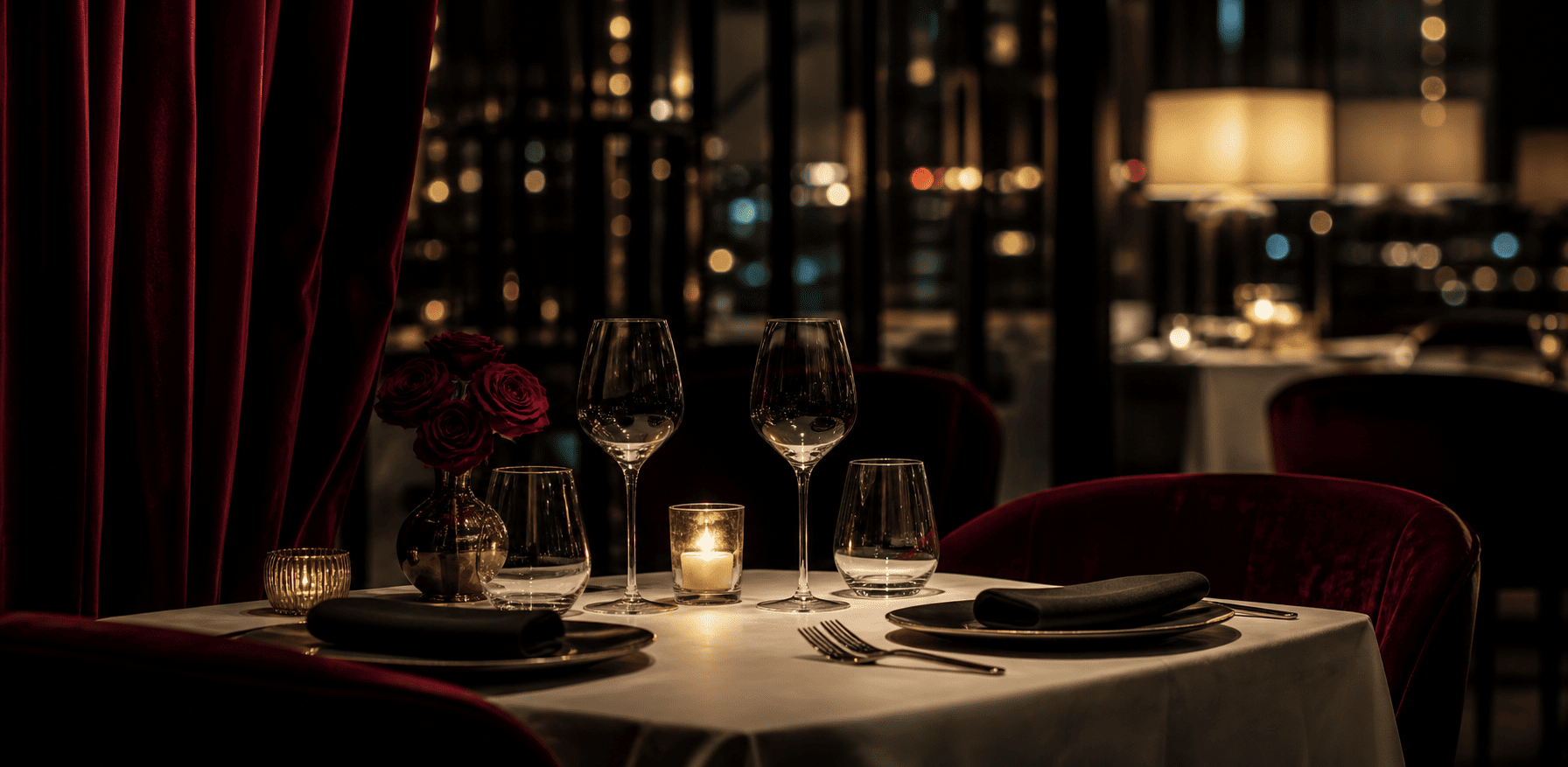 Stilvoll gedeckter Tisch für zwei in einem gehobenen Hotelrestaurant als Symbol für ein diskretes Escort Date