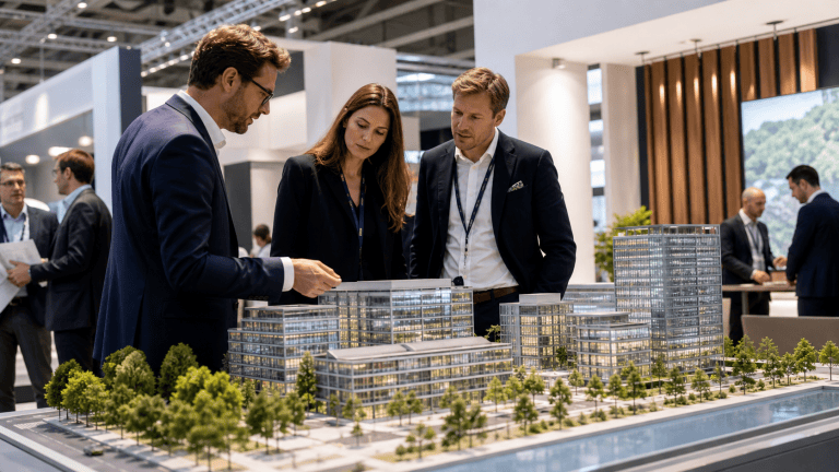 Visualisierte Immobilien-Messeszene mit Architekturmodell zur EXPO REAL 2026 in München