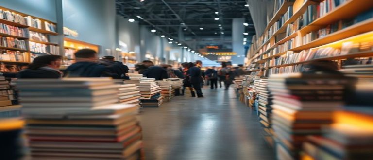 Buchmesse-Atmosphäre in einer modernen Messehalle mit Bücherständen und Besuchern