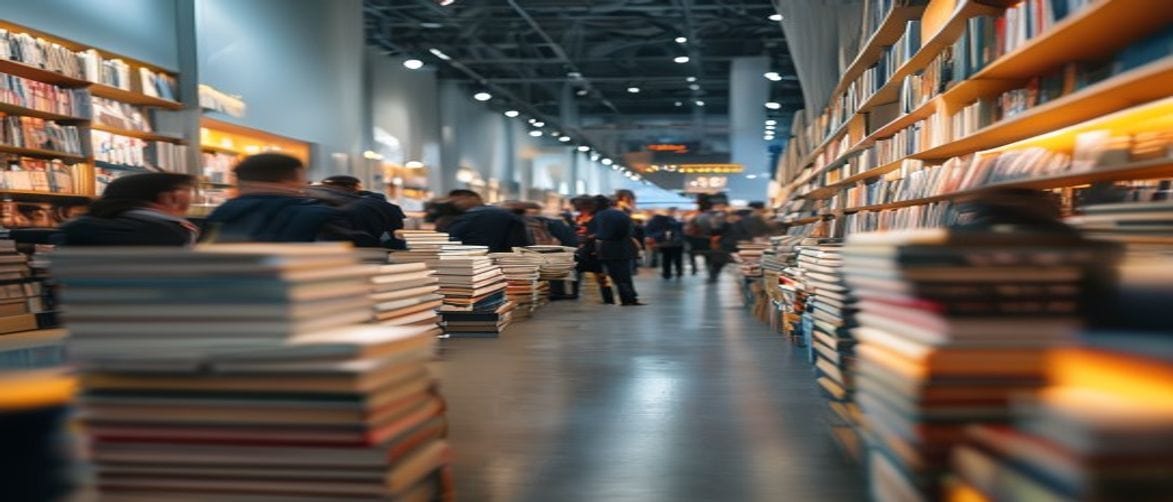 Buchmesse-Atmosphäre in einer modernen Messehalle mit Bücherständen und Besuchern