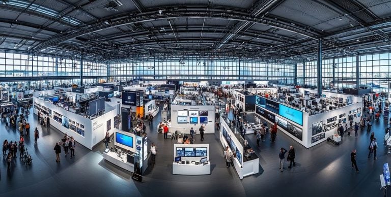 Weitläufige Technologie-Messehalle mit Ständen und Besuchern als Symbolbild zur IFA Berlin