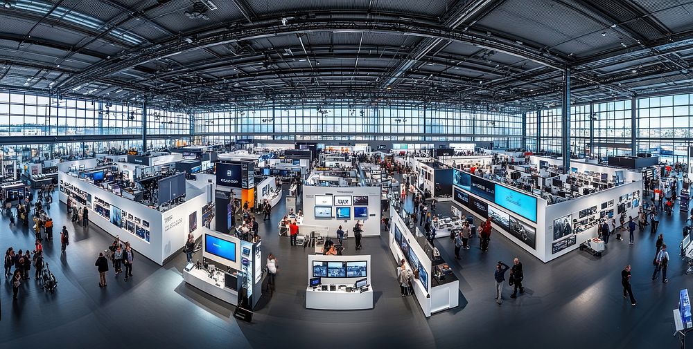 Weitläufige Technologie-Messehalle mit Ständen und Besuchern als Symbolbild zur IFA Berlin