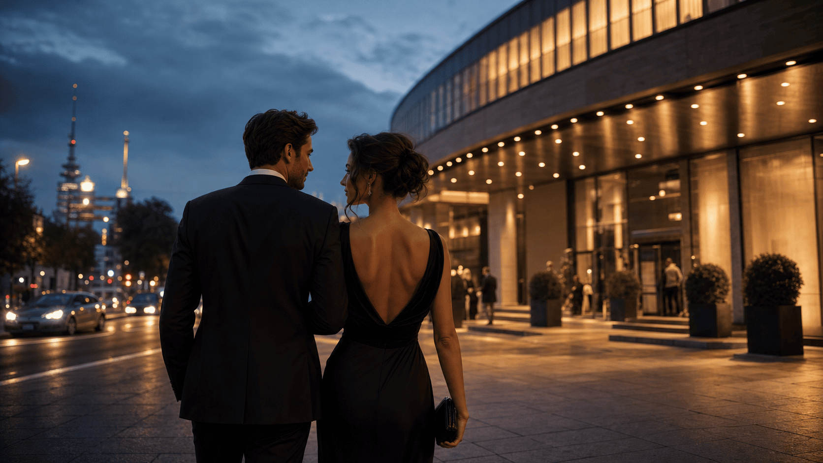 Elegantes Paar vor einem beleuchteten Konzertgebäude in Dortmund am Abend