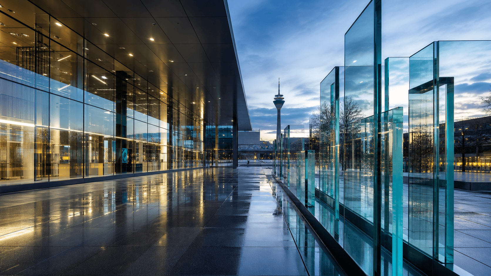 Moderne Glasarchitektur am Düsseldorfer Messeumfeld zur glasstec 2026
