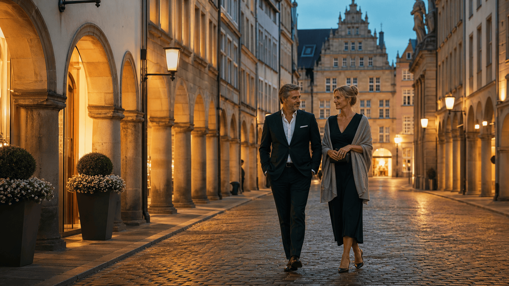 Elegantes Paar am Prinzipalmarkt in Münster nach einem Geschäftstermin