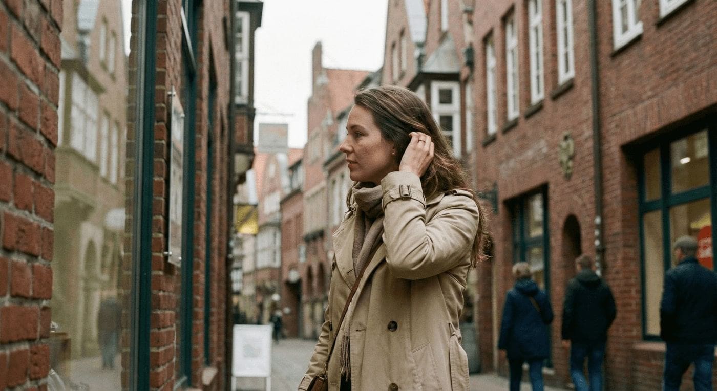 Stilvolle Dame beim Spaziergang durch die historische Böttcherstraße in Bremen während eines kulturellen Dates