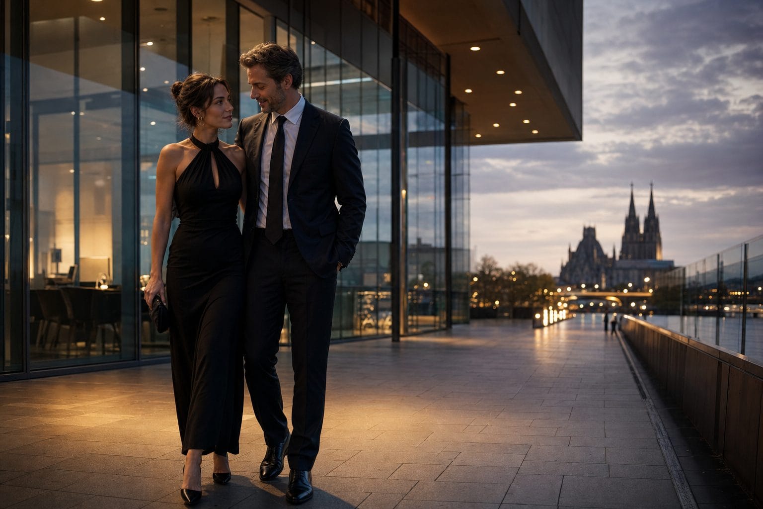 Elegantes Paar nach einem Geschäftstermin am Kölner Rheinufer bei Abendlicht