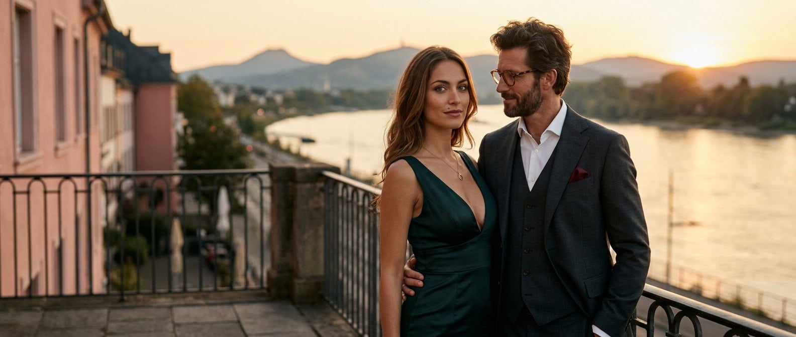 Escort Bonn am Rheinufer mit Blick aufs Siebengebirge und Capsai Escort Begleitung