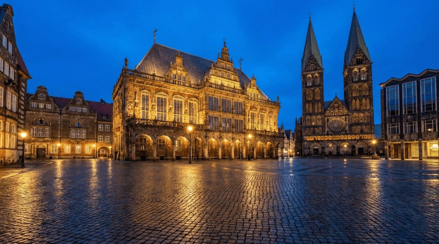 Der beleuchtete Marktplatz und das historische Rathaus in Bremen bei Nacht als exklusive Kulisse für ein Escort Bremen Date.