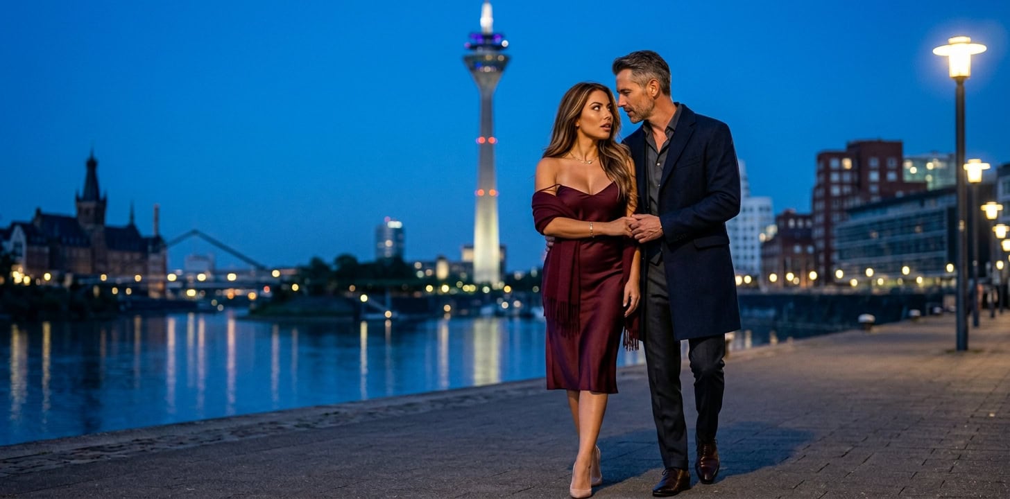 Romantischer Spaziergang an der Düsseldorfer Rheinuferpromenade mit Capsai Escort Begleitung