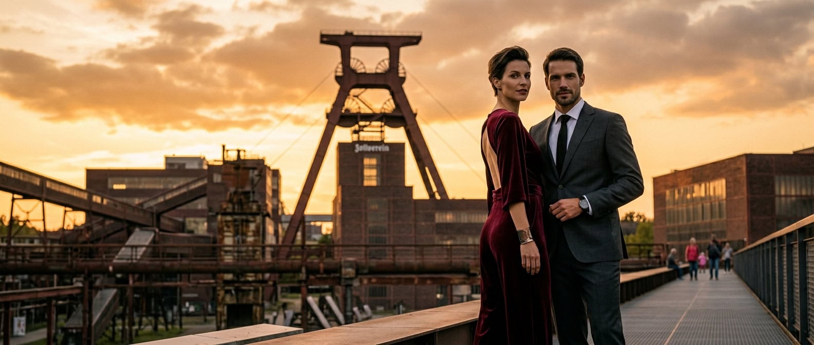 Escort Essen an der Zeche Zollverein bei goldenem Abendlicht