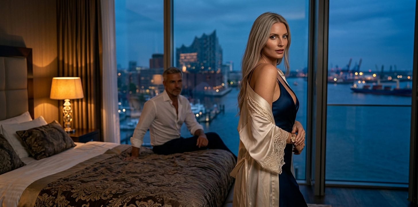 Escort Hamburg Begleitung in der Hotelsuite mit Blick auf den Hafen