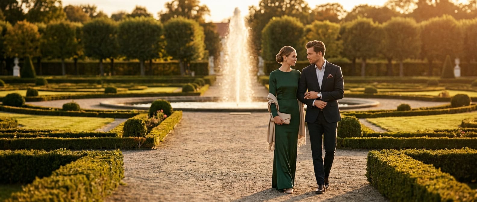 Escort Hannover in den Herrenhäuser Gärten bei goldenem Abendlicht