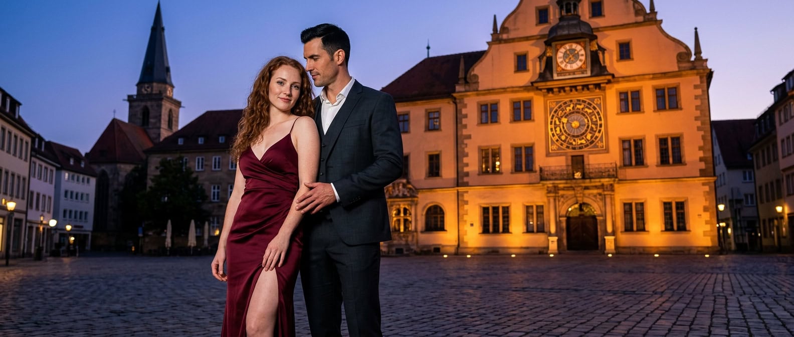 Escort Heilbronn am Marktplatz mit historischem Rathaus und Capsai Begleitung