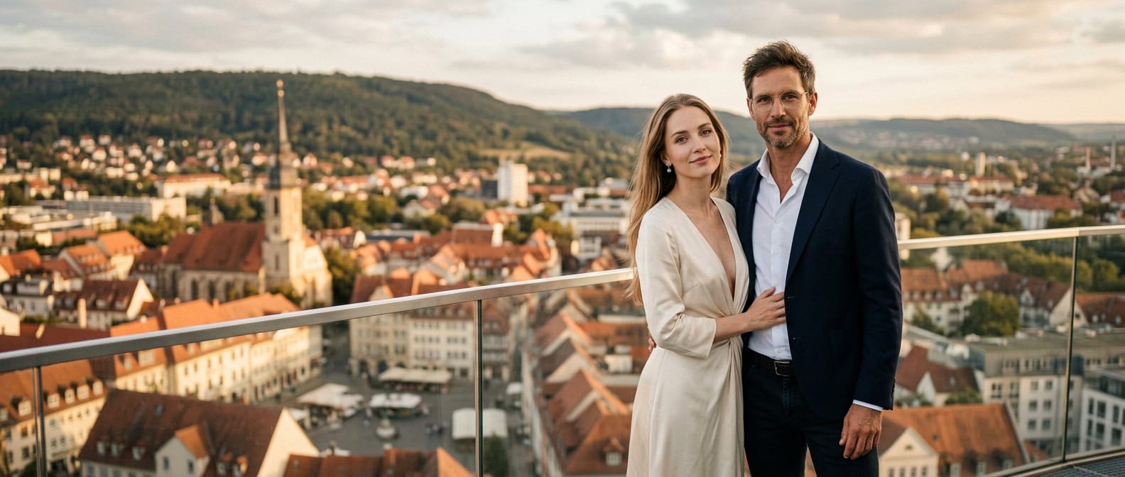 Escort Jena vor dem JenTower mit Capsai Escort Begleitung