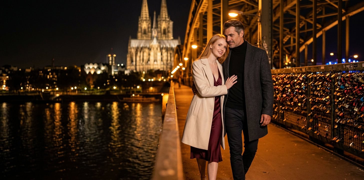 Romantischer Abendspaziergang auf der Hohenzollernbrücke in Köln mit Capsai Escort Begleitung