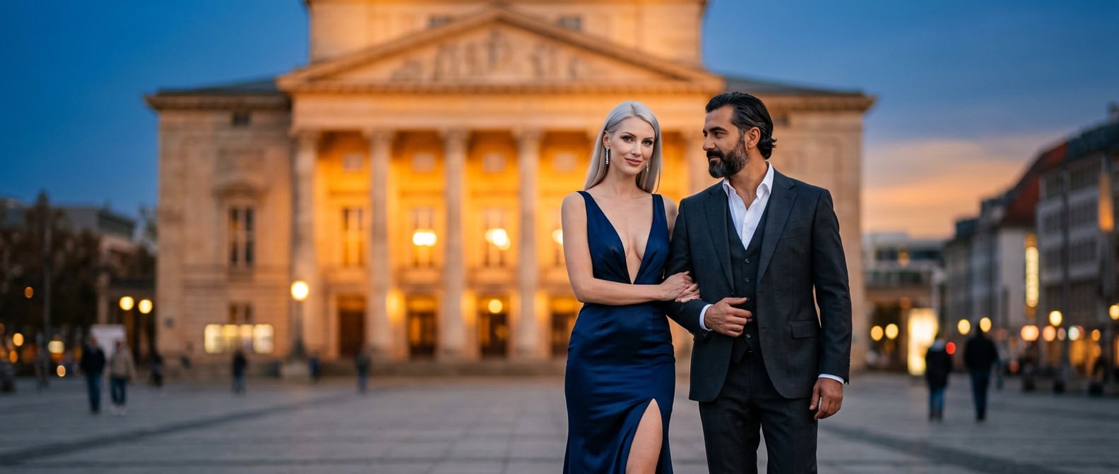 Escort Leipzig am Augustusplatz mit Oper und Gewandhaus in Begleitung einer Capsai Dame