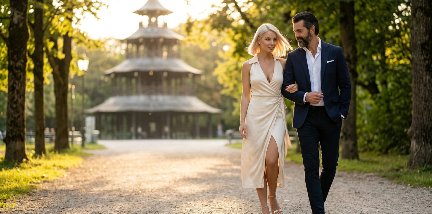 Romantischer Abendspaziergang im Englischen Garten München mit Capsai Escort Begleitung