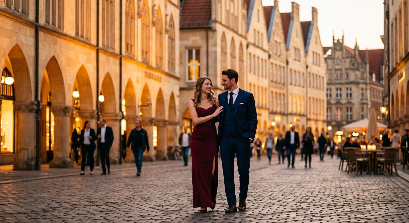 Escort Münster elegantes Paar am Prinzipalmarkt im Abendlicht mit Capsai