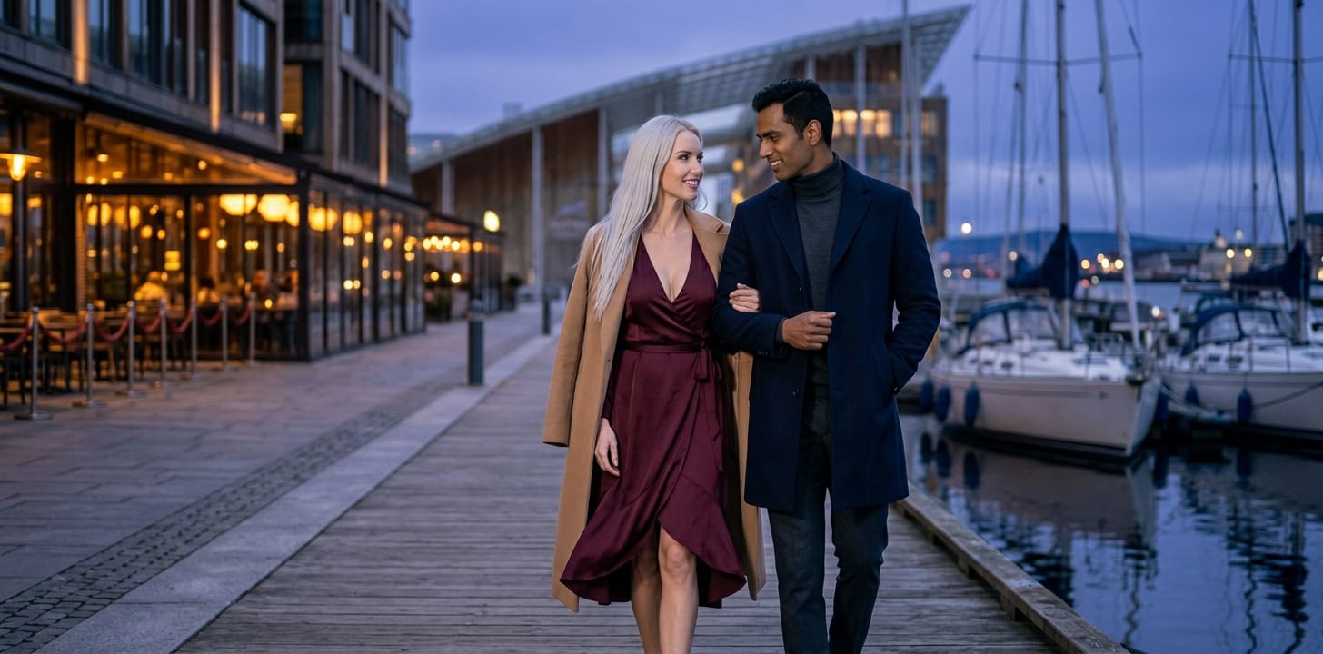 Romantischer Abendspaziergang am Aker Brygge in Oslo mit Capsai Escort Begleitung