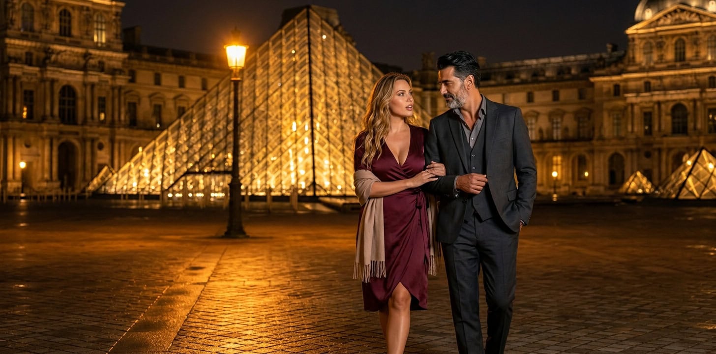 Romantischer Abendspaziergang am Pariser Louvre mit Capsai Escort Begleitung
