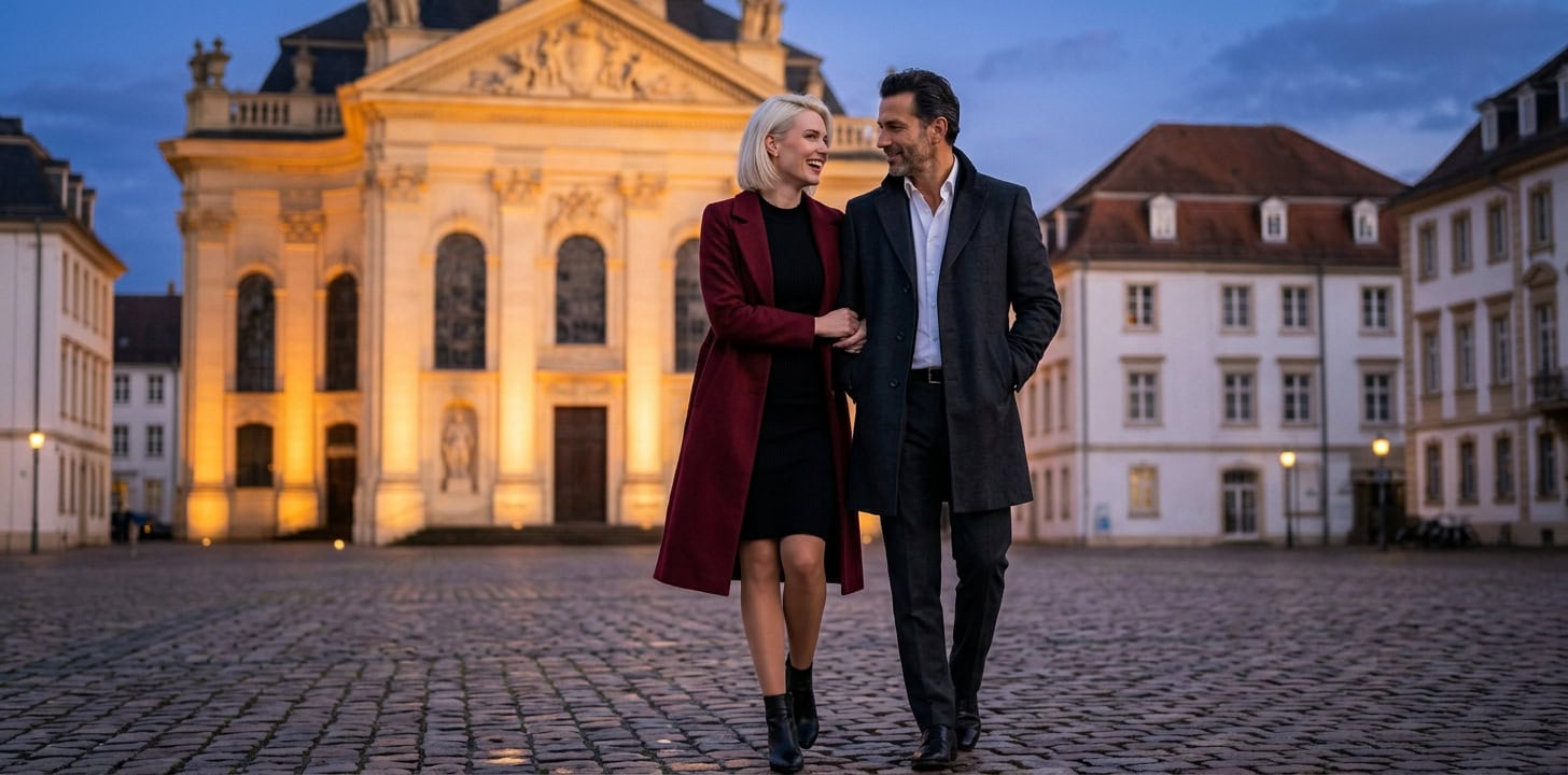 Abendspaziergang über den Saarbrücker Schlossplatz mit Capsai Escort Begleitung