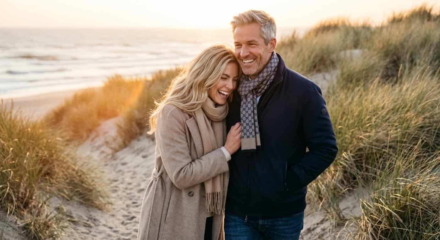 Stilvolle Dame in Cashmere beim Spaziergang in den Dünen von Kampen