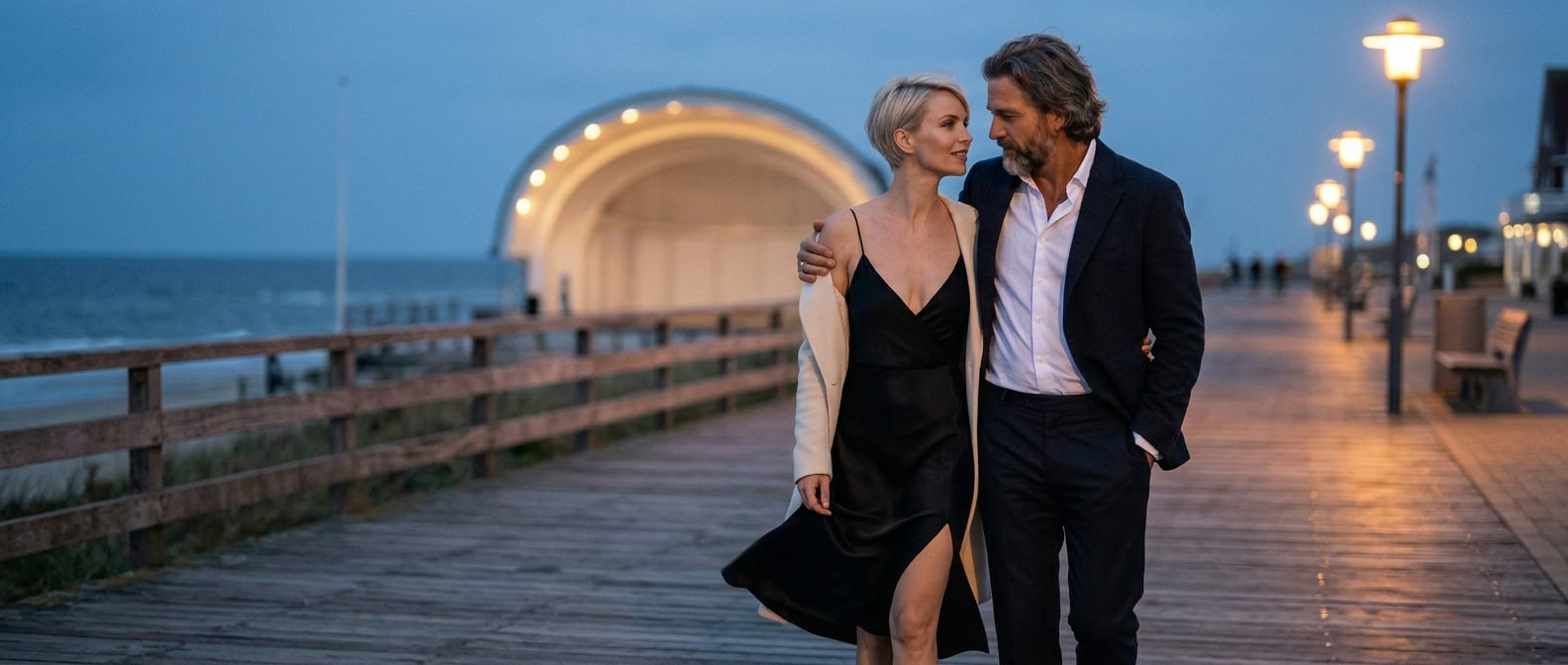 Escort Sylt Spaziergang auf der Westerländer Promenade am Abend mit Capsai Begleitung