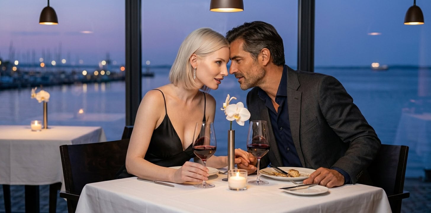 Romantisches Dinner in Travemünde mit Blick auf die Ostsee mit Capsai Escort Begleitung