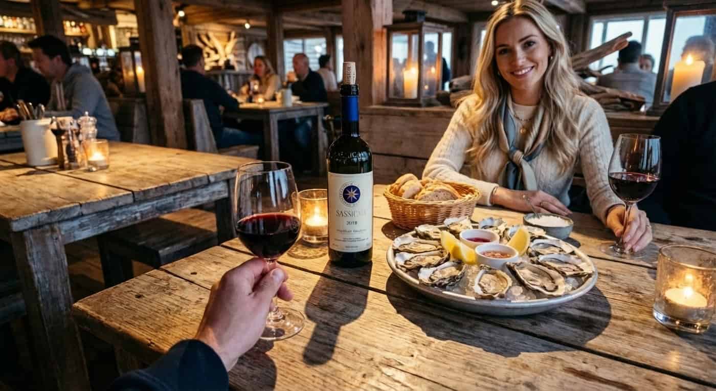 Wein und Austern in einem Strandrestaurant auf Sylt – Point of View