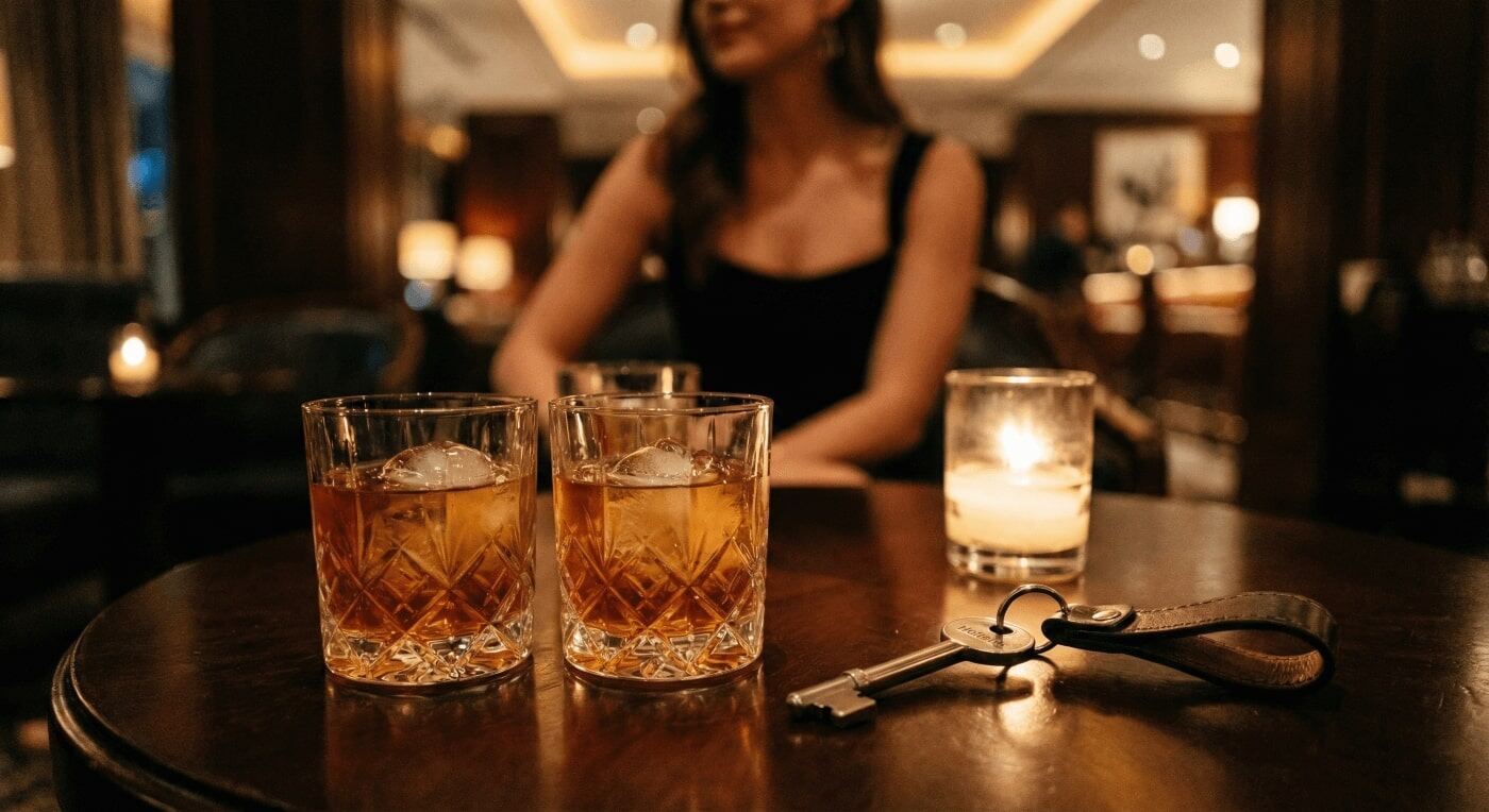 Cocktails und Hotelzimmerschlüssel auf dem Tisch einer Luxus-Bar in Bremen – der Ausklang eines perfekten Dates